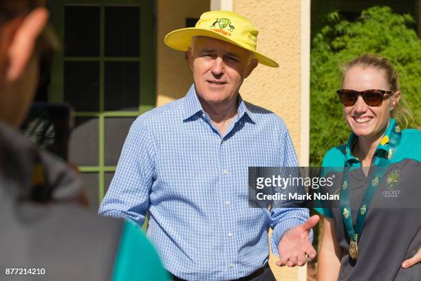 Australian Prime Minister Malcom farewells members of the Southern Stars during an Australian Women's cricket team meet and greet with the Australian...