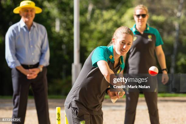 Rachael Haynes of the Southern Stars bats in a game of cricket during an Australian Women's cricket team meet and greet with the Australian Prime...