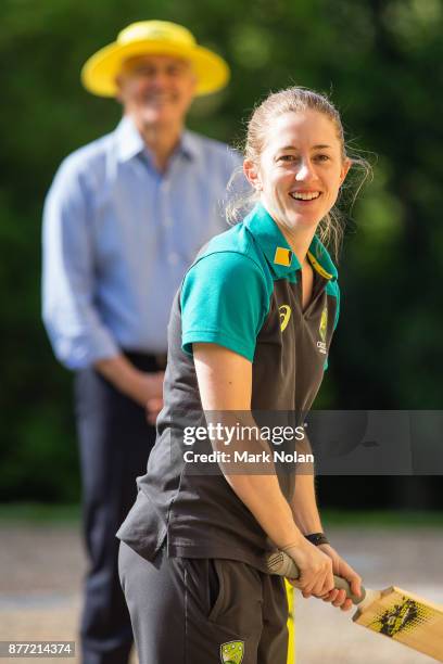 Rachael Haynes of the Southern Stars bats in a game of cricket during an Australian Women's cricket team meet and greet with the Australian Prime...