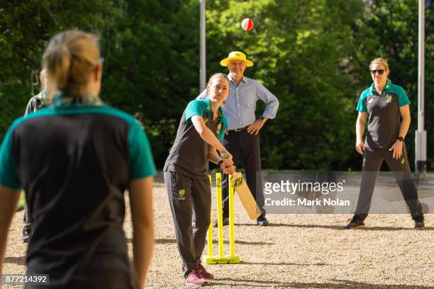 Rachael Haynes of the Southern Stars bats in a game of cricket during an Australian Women's cricket team meet and greet with the Australian Prime...