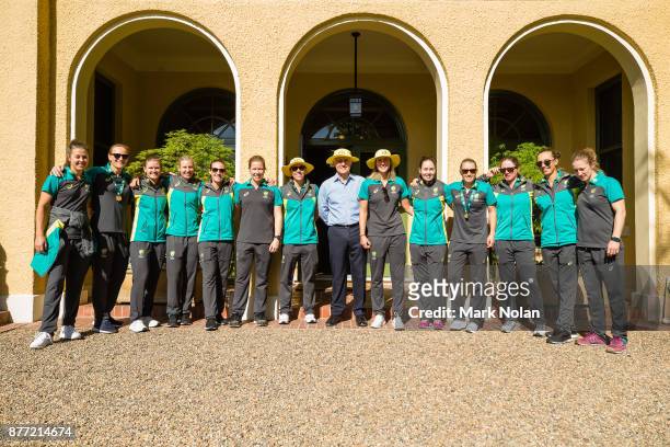 Australian Prime Minister Malcom poses for a photo with the Southern Stars during an Australian Women's cricket team meet and greet with the...