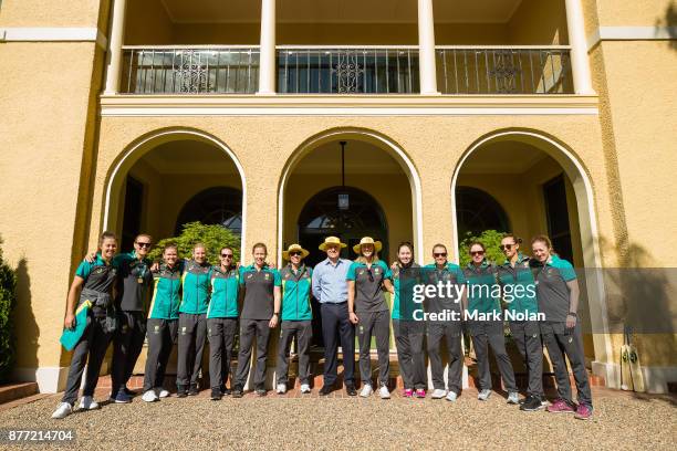 Australian Prime Minister Malcom poses for a photo with the Southern Stars during an Australian Women's cricket team meet and greet with the...