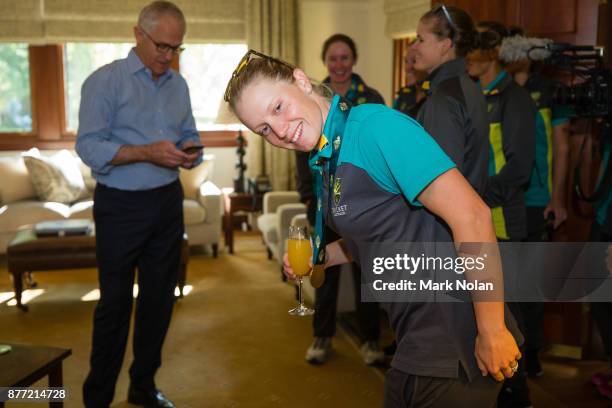Australian Prime Minister Malcom Turnbull shows Southern Stars players around the Lodge during an Australian Women's cricket team meet and greet with...