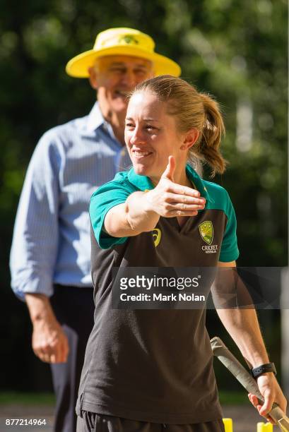 Rachael Haynes of the Southern Stars plays a game of cricket during an Australian Women's cricket team meet and greet with the Australian Prime...