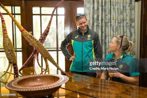Jessica Jonassen and Alyssa Healy of the Southern Stars play the piano during an Australian Women's cricket team meet and greet with the Australian...