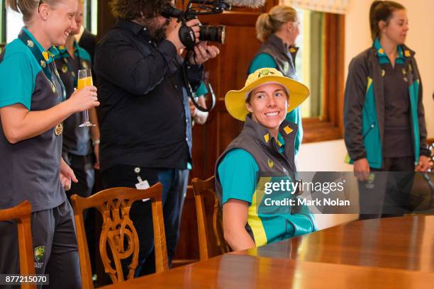 Elyse Villani of the Southern Stars sits at the dining table during an Australian Women's cricket team meet and greet with the Australian Prime...