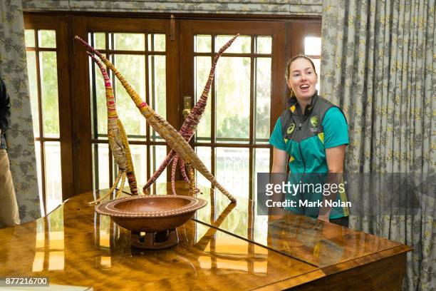 Amanda Wellington of the Southern Stars plays the piano during an Australian Women's cricket team meet and greet with the Australian Prime Minister...