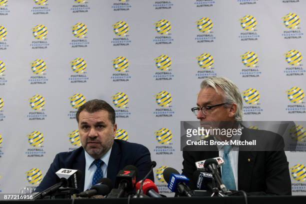 Ange Postecoglou , with FFA chief executive David Gallop, announces he will step aside from his role as coach of the Socceroos during a FFA Socceroos...