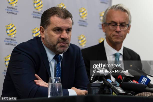 Ange Postecoglou , with FFA chief executive David Gallop, announces he will step aside from his role as coach of the Socceroos during a FFA Socceroos...