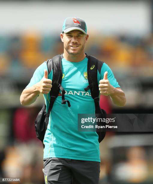 David Warner of Australia arrives during an Australian nets session at The Gabba on November 22, 2017 in Brisbane, Australia.