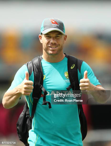 David Warner of Australia arrives during an Australian nets session at The Gabba on November 22, 2017 in Brisbane, Australia.