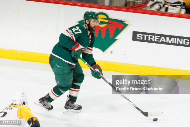 Kyle Quincey of the Minnesota Wild handles the puck against the Nashville Predators during the game at the Xcel Energy Center on November 16, 2017 in...