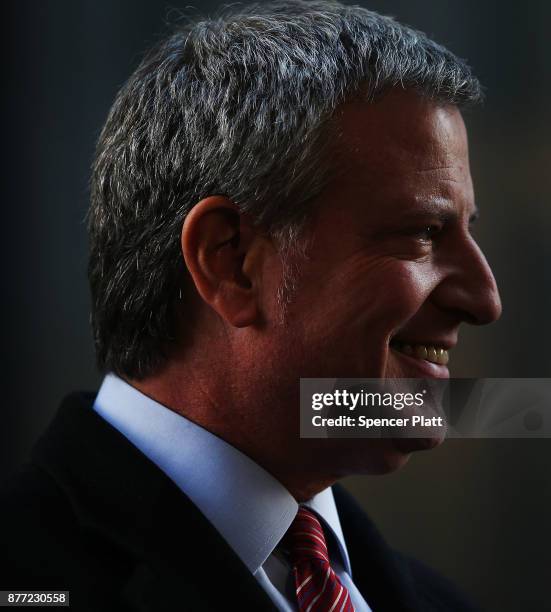 New York Mayor Bill de Blasio joins other Democratic officials, labor members and activists in front of Trump Tower to protest against the proposed...