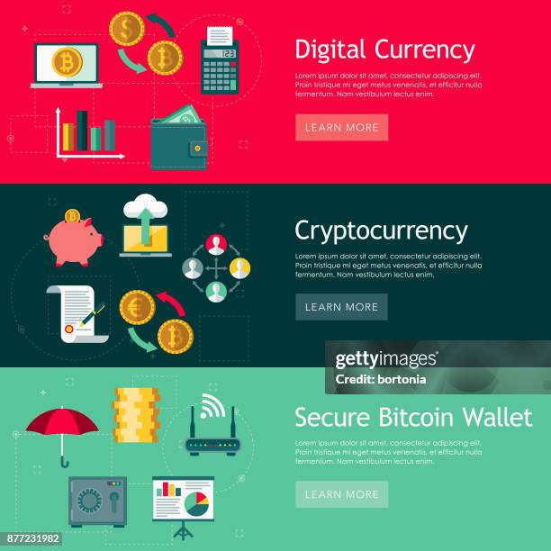 ilustrações de stock, clip art, desenhos animados e ícones de bitcoin cryptocurrency flat design web banners set - bitcoin mining