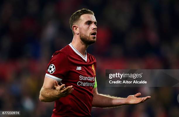 Jordan Henderson of Liverpool FC reacts during the UEFA Champions League group E match between Sevilla FC and Liverpool FC at Estadio Ramon Sanchez...