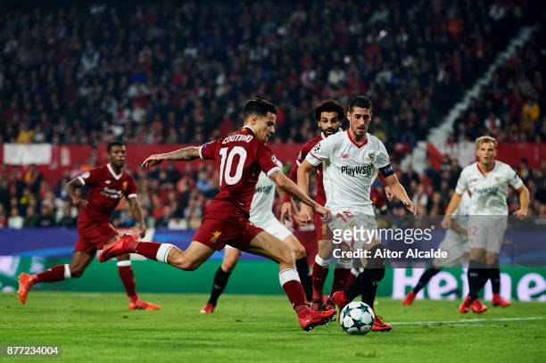 Philippe Coutinho of Liverpool FC in action during the UEFA Champions League group E match between Sevilla FC and Liverpool FC at Estadio Ramon...