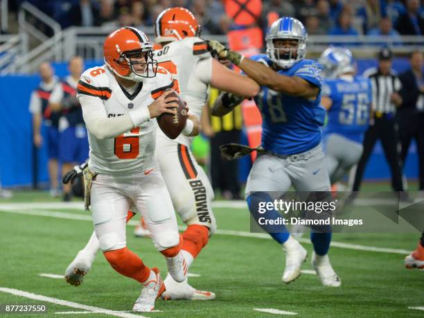 Quarterback Cody Kessler of the Cleveland Browns drops back to pass in the fourth quarter of a game on November 12, 2017 against the Detroit Lions at...