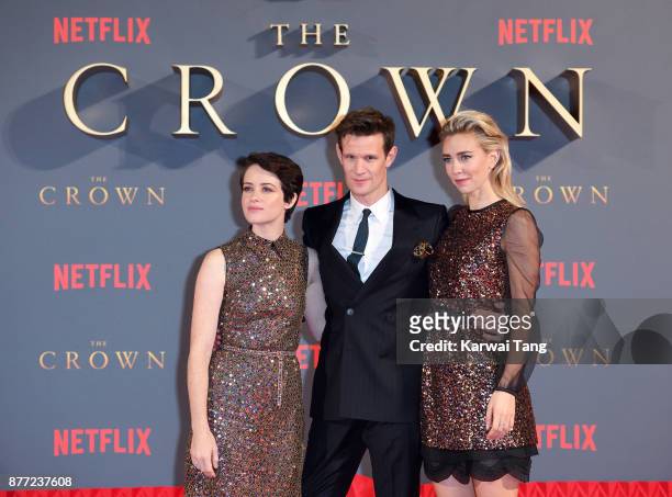 Claire Foy, Matt Smith and Vanessa Kirby attend the World Premiere of Netflix's "The Crown" Season 2 at Odeon Leicester Square on November 21, 2017...