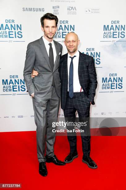 German actor Sabin Tambrea and German actor Juergen Vogel attend the premiere of 'Der Mann aus dem Eis' at Zoo Palast on November 21, 2017 in Berlin,...