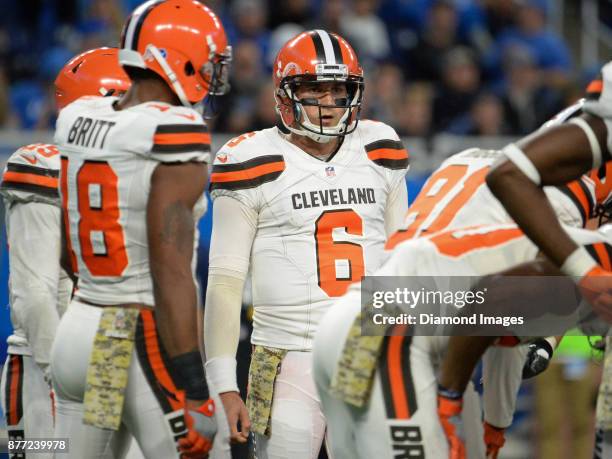 Quarterback Cody Kessler of the Cleveland Browns stands in the huddle in the fourth quarter of a game on November 12, 2017 against the Detroit Lions...