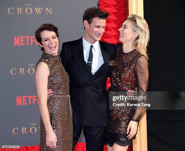 Claire Foy, Matt Smith and Vanessa Kirby attend the World Premiere of Netflix's "The Crown" Season 2 at Odeon Leicester Square on November 21, 2017...