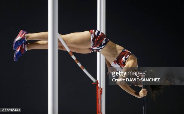 Robeilys Peinado of Venezuela competes in the women's pole vault event during the XVIII Bolivarian Games in Santa Marta, Colombia, on November 21,...