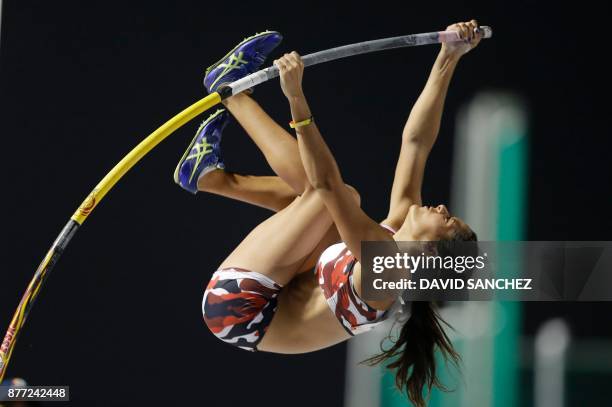 Robeilys Peinado of Venezuela competes in the women's pole vault event during the XVIII Bolivarian Games, in Santa Marta, Colombia, on November 21,...