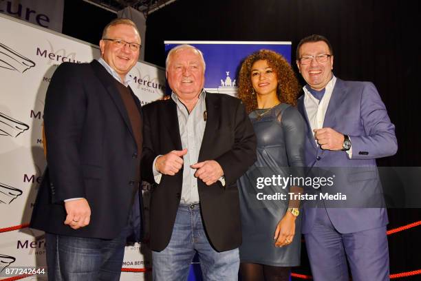 Frank Henkel, Ulli Wegner, Ikram Kerwat and Paolo Masaracchia during the book presentation 'Box Legend Ulli Wegener' on November 21, 2017 in Berlin,...