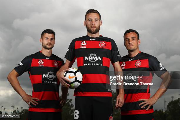 Brendan Hamill, Robert Cornthwaite and Mark Bridge pose during the Western Sydney Wanderers captaincy announcement at Blacktown International...