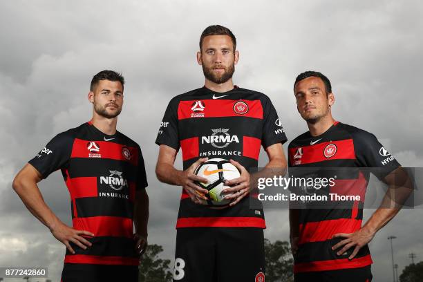 Brendan Hamill, Robert Cornthwaite and Mark Bridge pose during the Western Sydney Wanderers captaincy announcement at Blacktown International...