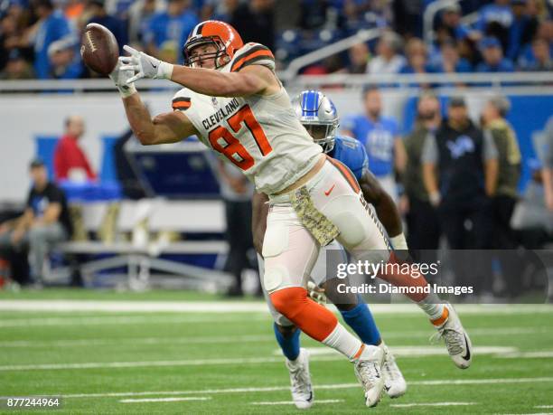 Tight end Seth DeValve of the Cleveland Browns drops a pass in the fourth quarter of a game on November 12, 2017 against the Detroit Lions at Ford...