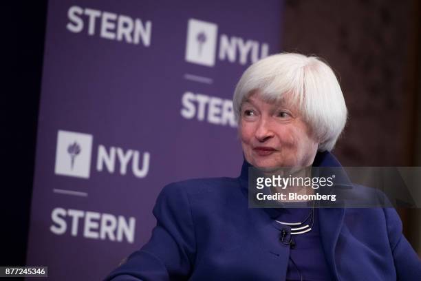 Janet Yellen, chair of the U.S. Federal Reserve, smiles during an event at the New York University Stern School of Business in New York, U.S., on...