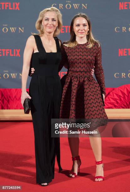 Gillian Anderson and her daughter Piper Maru Klotz attendsthe World Premiere of season 2 of Netflix "The Crown" at Odeon Leicester Square on November...