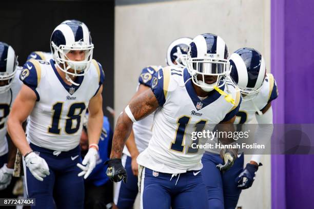 Tavon Austin of the Los Angeles Rams leads the win receivers onto the field for warmups before the game against the Minnesota Vikings on November 19,...