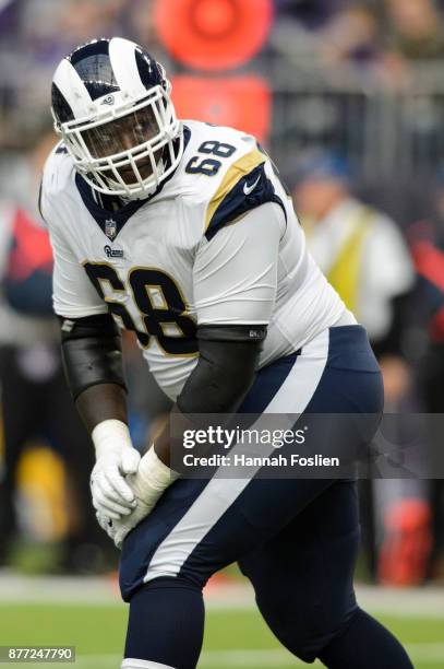 Jamon Brown of the Los Angeles Rams looks on from the line of scrimmage against the Minnesota Vikings during the game on November 19, 2017 at US Bank...