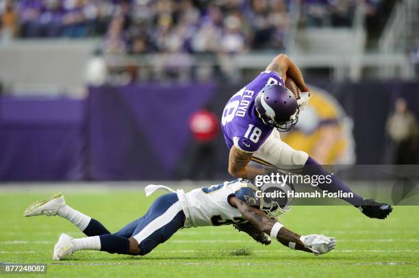 Dominique Hatfield of the Los Angeles Rams tackles Michael Floyd of the Minnesota Vikings during the game on November 19, 2017 at US Bank Stadium in...