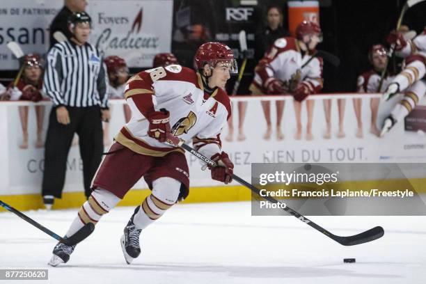 Antoine Morand of the Acadie-Bathurst Titan skates with the puck against the Gatineau Olympiques on October 18, 2017 at Robert Guertin Arena in...