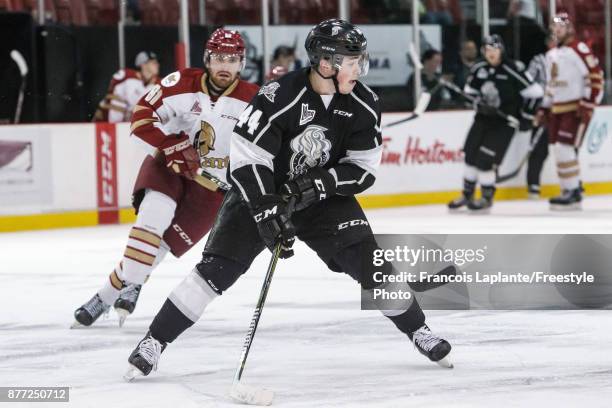 Gabriel Bilodeau of the Gatineau Olympiques skates against the Acadie-Bathurst Titan on October 18, 2017 at Robert Guertin Arena in Gatineau, Quebec,...