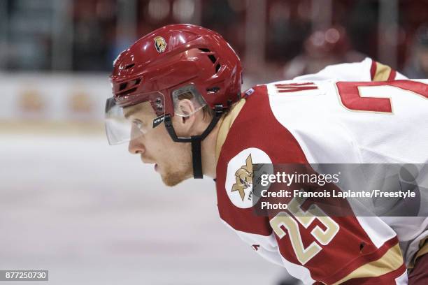 Jeffrey Truchon-Viel of the Acadie-Bathurst Titan looks on during a faceoff against the Gatineau Olympiques on October 18, 2017 at Robert Guertin...