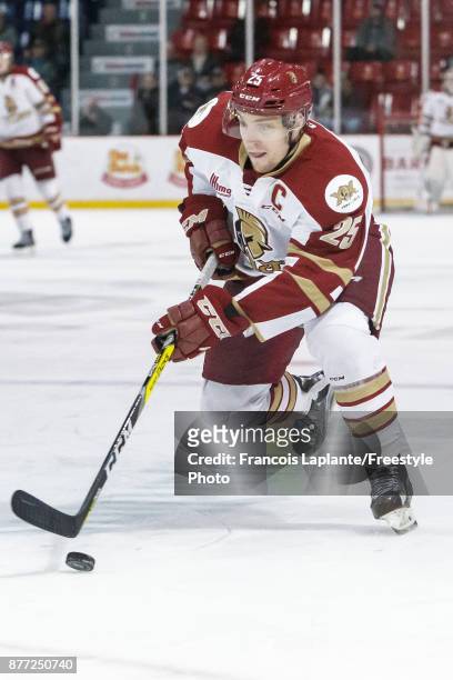 Jeffrey Truchon-Viel of the Acadie-Bathurst Titan skates with the puck against the Gatineau Olympiques on October 18, 2017 at Robert Guertin Arena in...