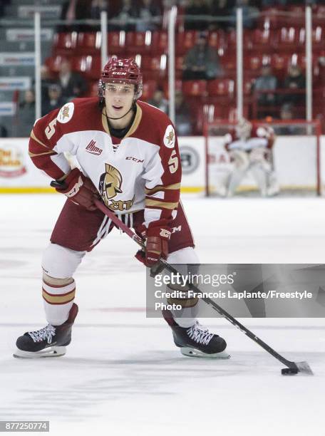 Louis-Philip Fortin of the Acadie-Bathurst Titan skates with the puck against the Gatineau Olympiques on October 18, 2017 at Robert Guertin Arena in...
