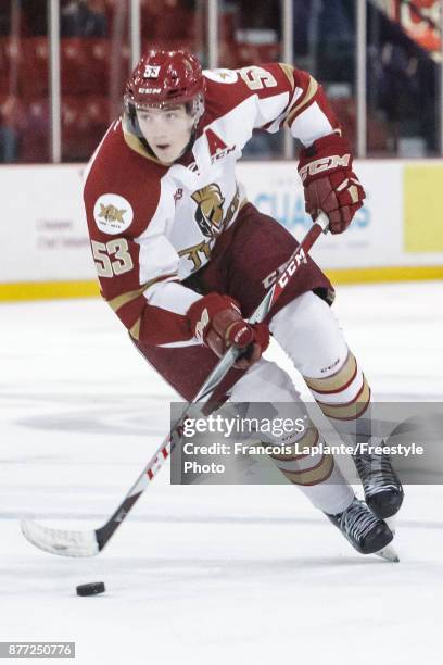 Noah Dobson of the Acadie-Bathurst Titan skates with the puck against the Gatineau Olympiques on October 18, 2017 at Robert Guertin Arena in...
