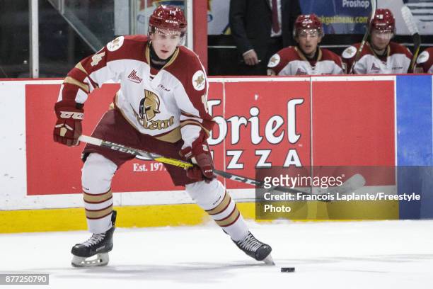 Keenan MacIsaac of the Acadie-Bathurst Titan skates with the puck against the Gatineau Olympiques on October 18, 2017 at Robert Guertin Arena in...