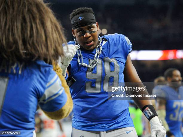 Defensive tackle Jeremiah Ledbetter of the Detroit Lions walks off the field after a game on November 12, 2017 against the Cleveland Browns at Ford...