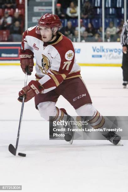Justin Ducharme of the Acadie-Bathurst Titan skates with the puck against the Gatineau Olympiques on October 18, 2017 at Robert Guertin Arena in...