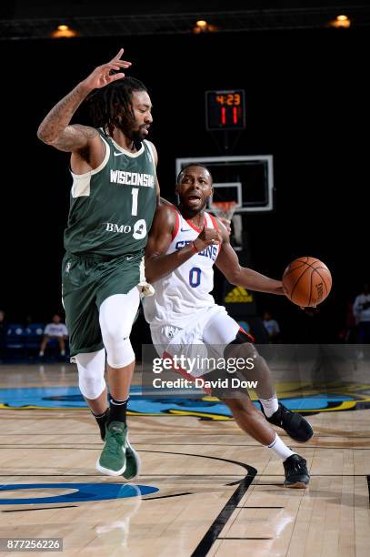 Jacob Pullen of the Delaware 87ers handles the ball against the Wisconsin Herd during a G-League at the Bob Carpenter Center in Newark, Delaware on...