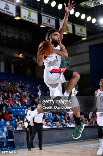 James Blackmon Jr. #1 of the Delaware 87ers goes to the basket against the Wisconsin Herd during a G-League at the Bob Carpenter Center in Newark,...