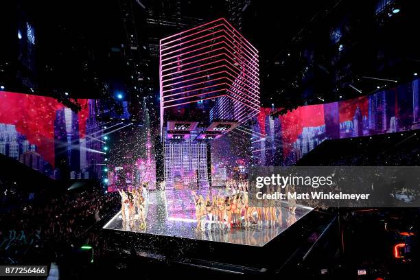The 2017 Victoria's Secret models pose on the runway at the end of the 2017 Victoria's Secret Fashion Show In Shanghai at Mercedes-Benz Arena on...