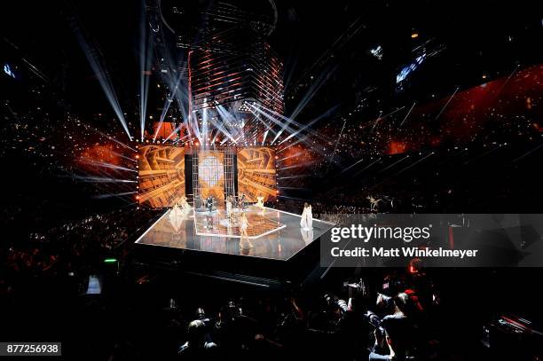 The 2017 Victoria's Secret models walk the runway as Harry Styles performs during the 2017 Victoria's Secret Fashion Show In Shanghai at...