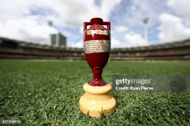 Replica Ashes Urn is seen during a media opportunity ahead of the 2017/18 Ashes Series beginning tomorrow, at The Gabba on November 22, 2017 in...